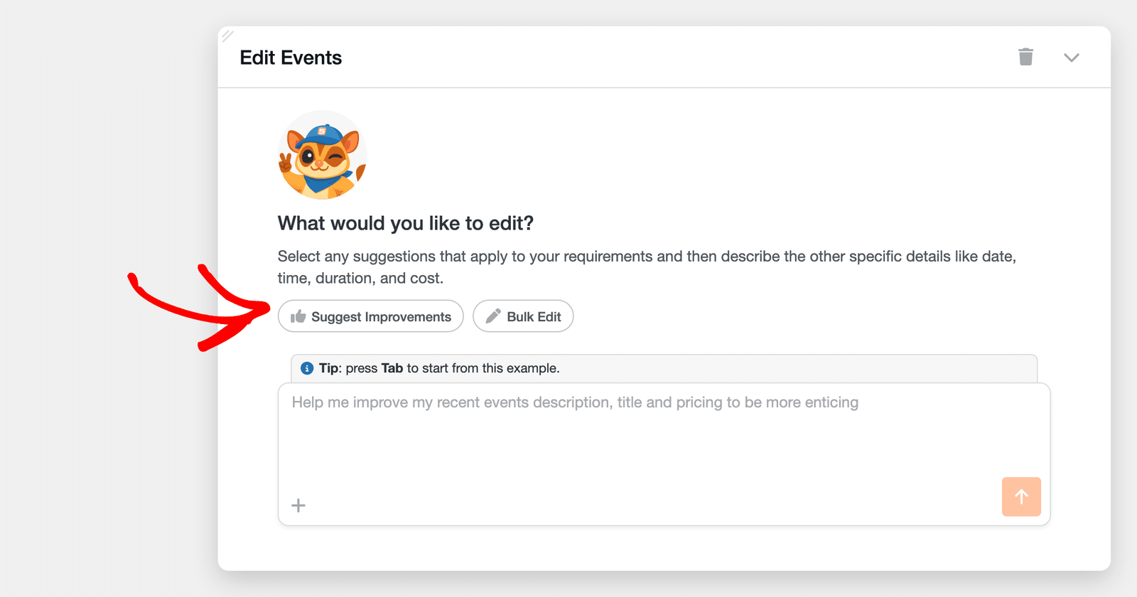 Edit Events chat showing the Suggest Improvements and Bulk Edit chips and the example prompt in the message box