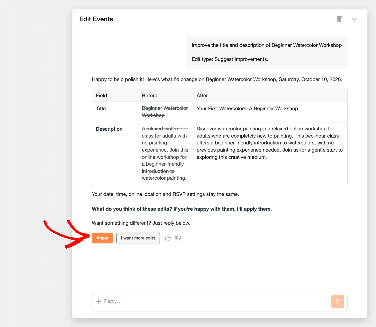 Edit summary for a single event with Before and After values for the title and description