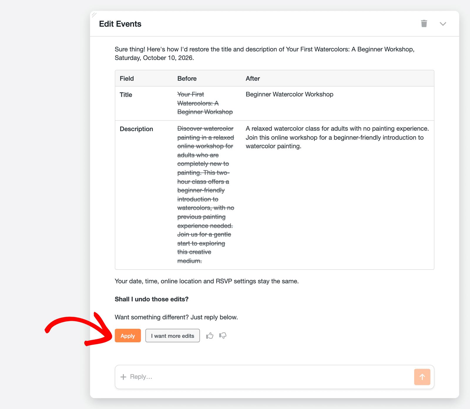Gia chat after typing undo, showing the Before and After table restoring the original title and description