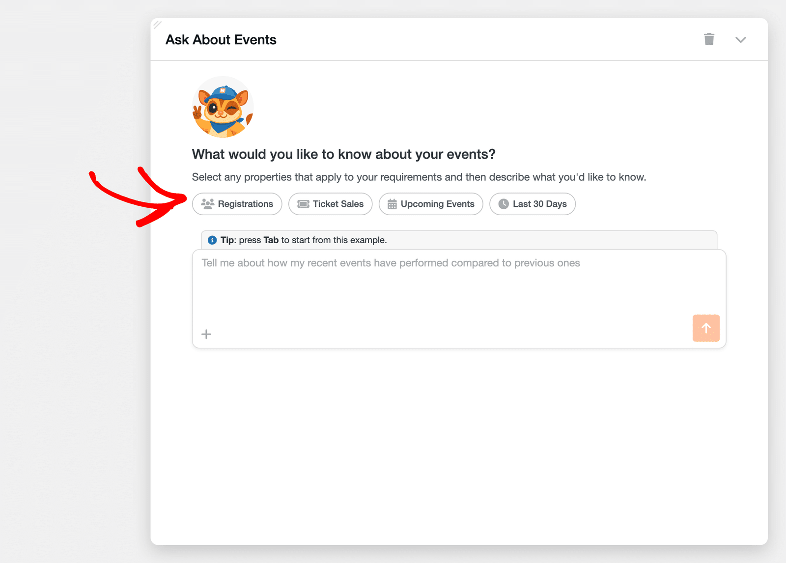 Ask About Events chat showing the Registrations, Ticket Sales, Upcoming Events, and Last 30 Days chips