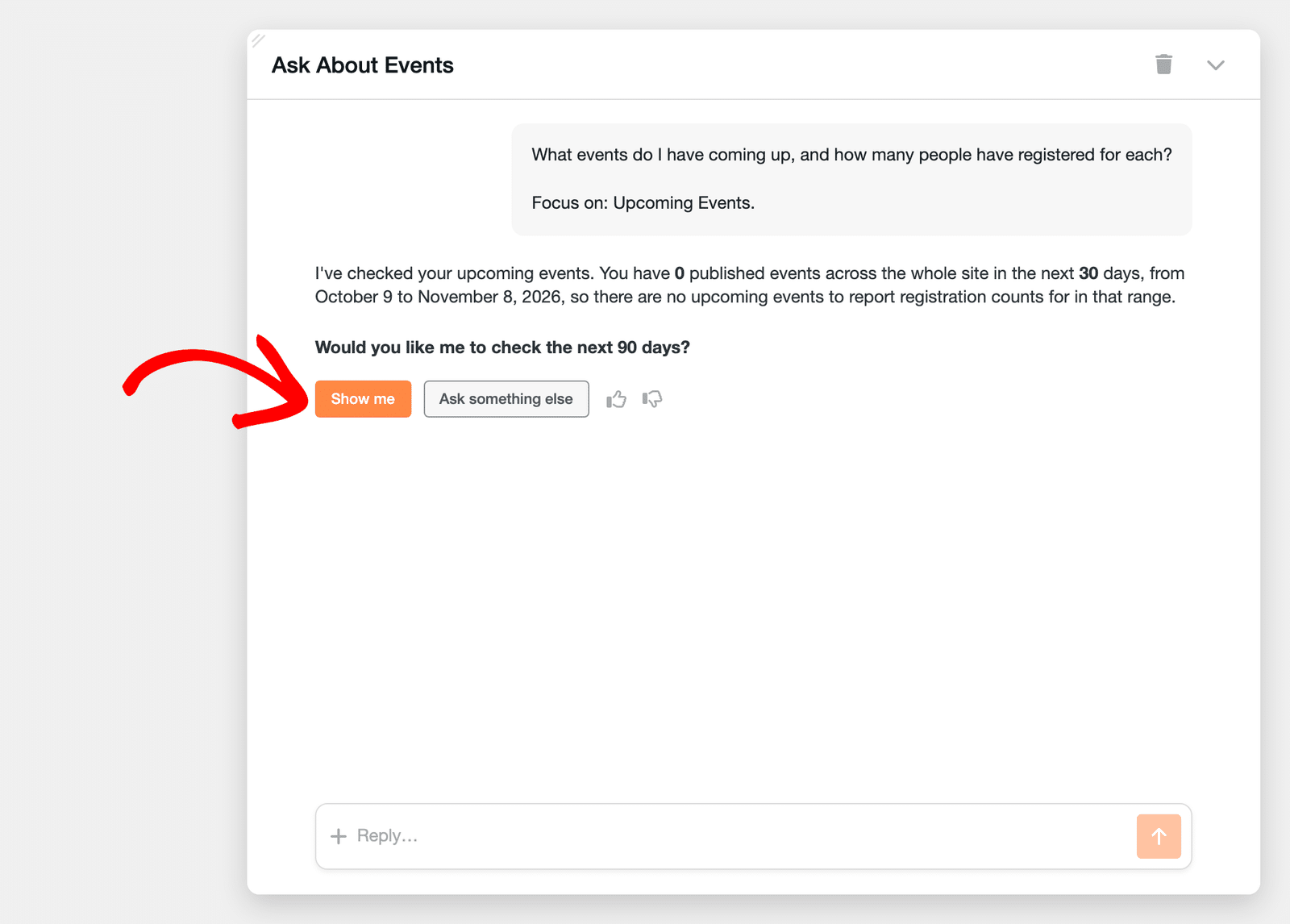Gia answer about upcoming events with the Show me and Ask something else buttons