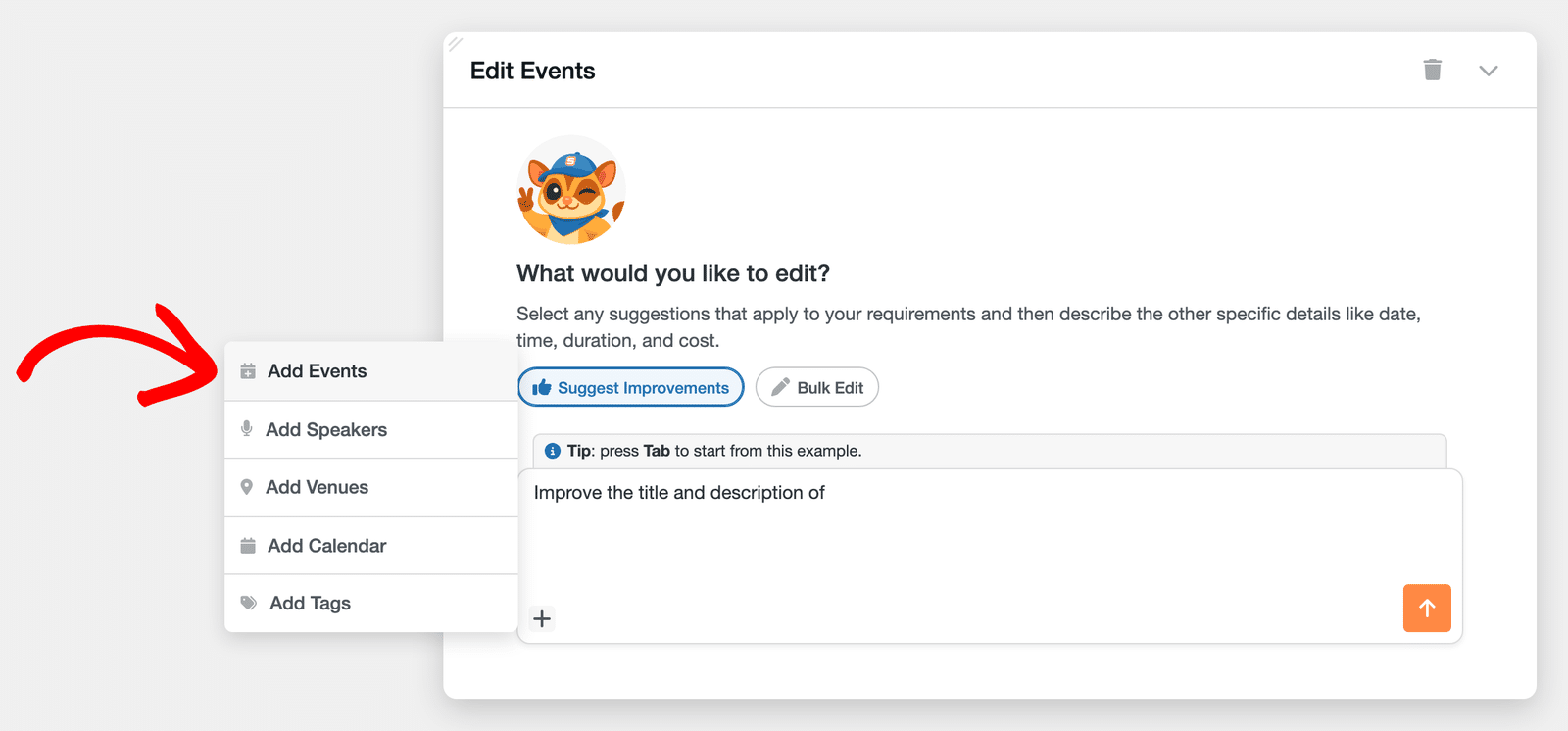 Site data menu open from the + icon in the Gia message box, listing Add Events, Add Speakers, Add Venues, Add Calendar, and Add Tags