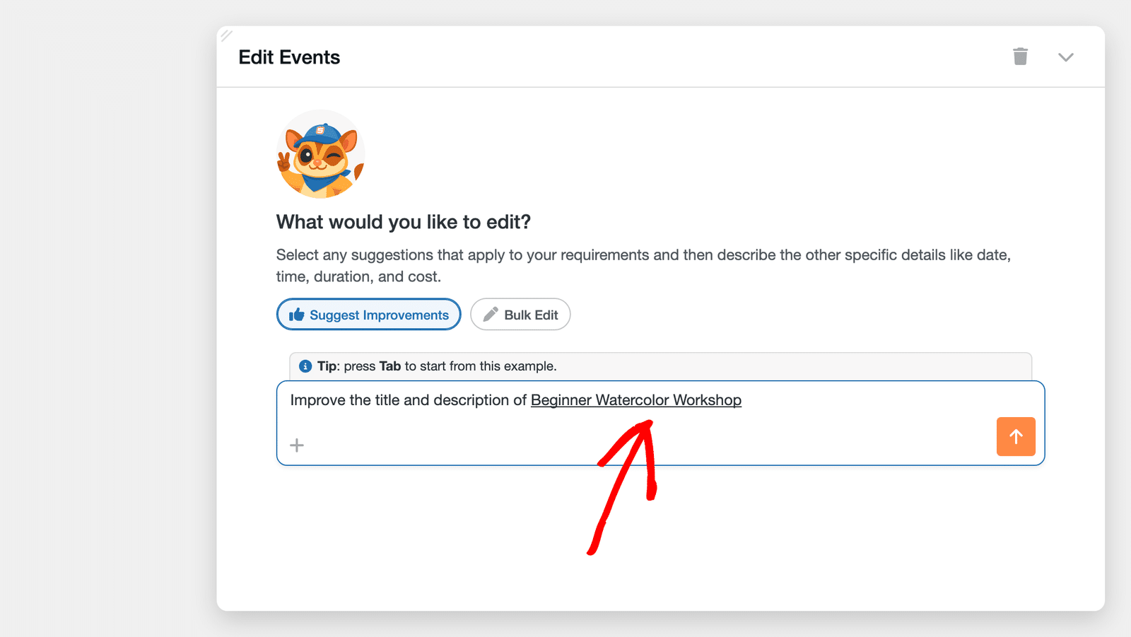 Gia message box containing a typed request with the selected event inserted as an underlined token
