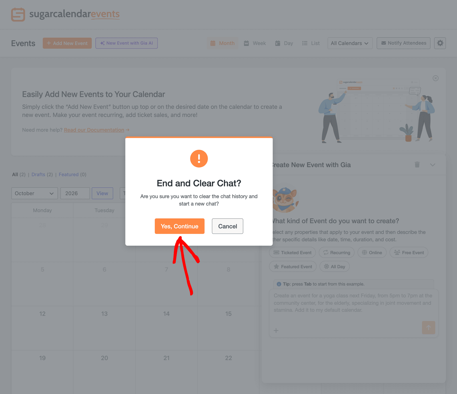 End and Clear Chat? confirmation in the Gia panel with the Yes, Continue and Cancel buttons