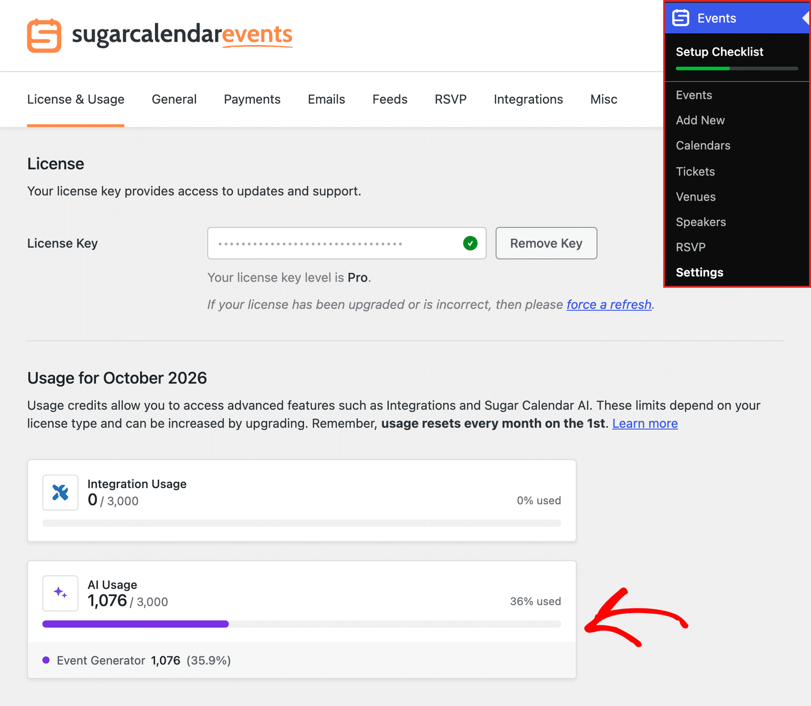 License & Usage tab showing the Integration Usage card and the AI Usage card with its usage bar and Event Generator breakdown
