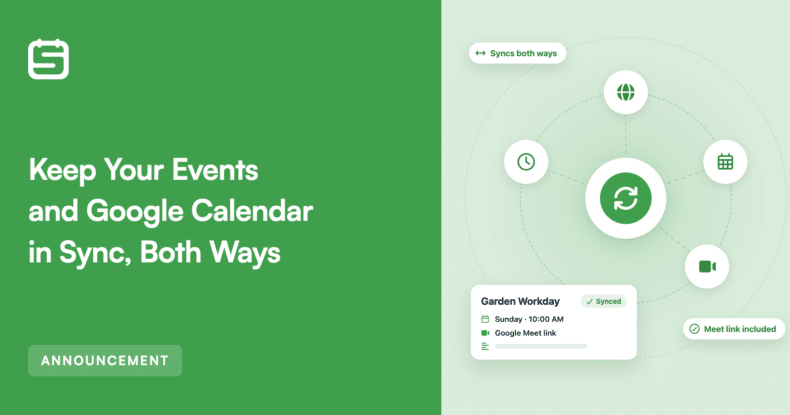 Green left panel with announcement text; right side shows a circular bidirectional sync diagram with icons and a 'Syncs both ways' badge.