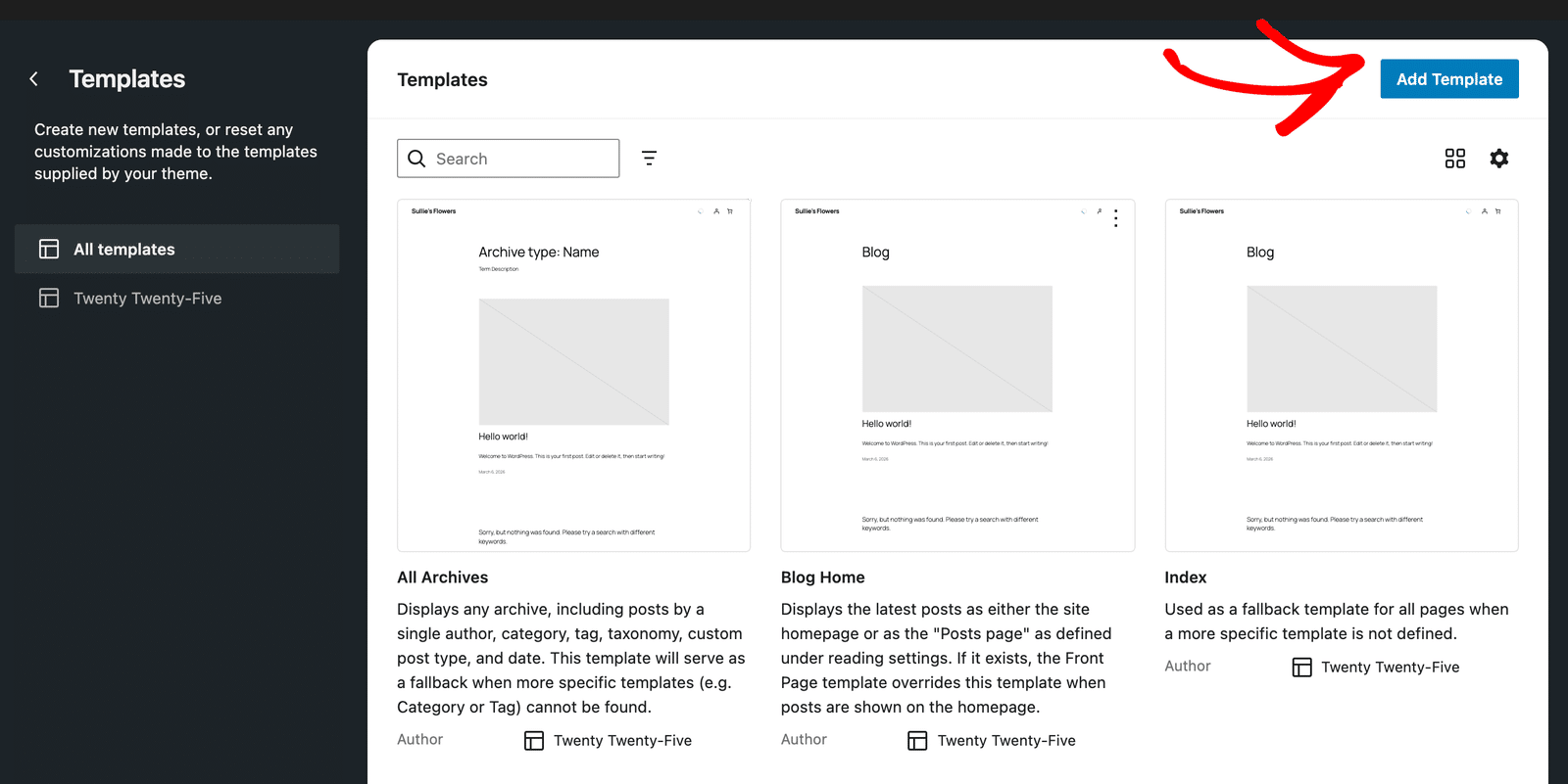 The Add Template button in the Site Editor