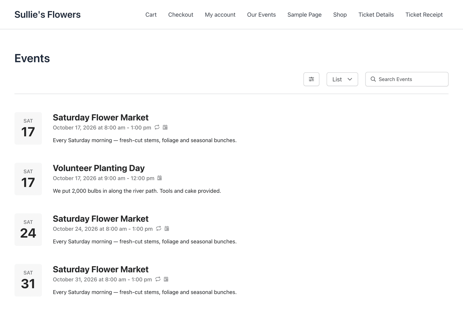 The default Events page on the front end of a classic theme