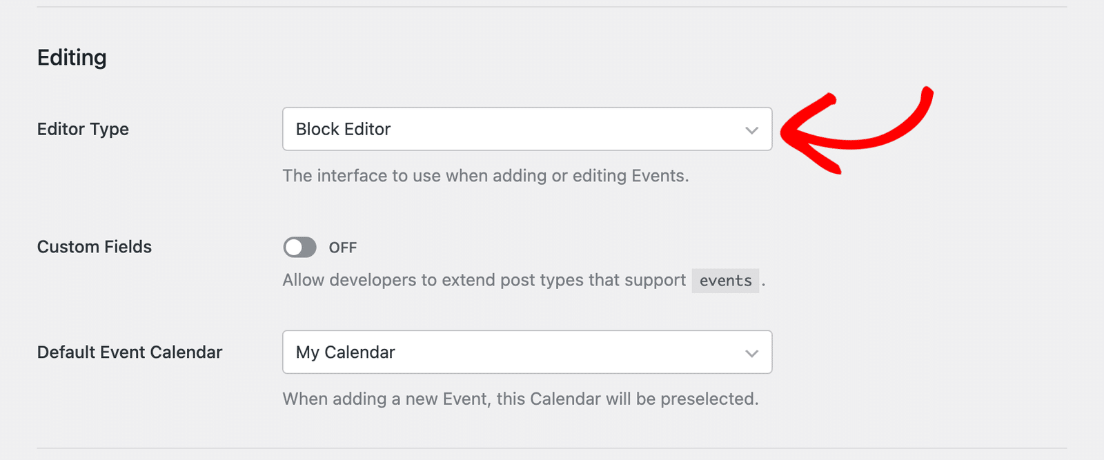 Editor Type set to Block Editor in Events Settings