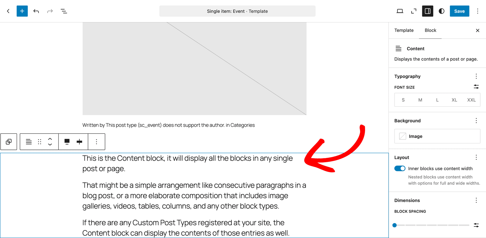 The Content block selected in the Single item: Event template