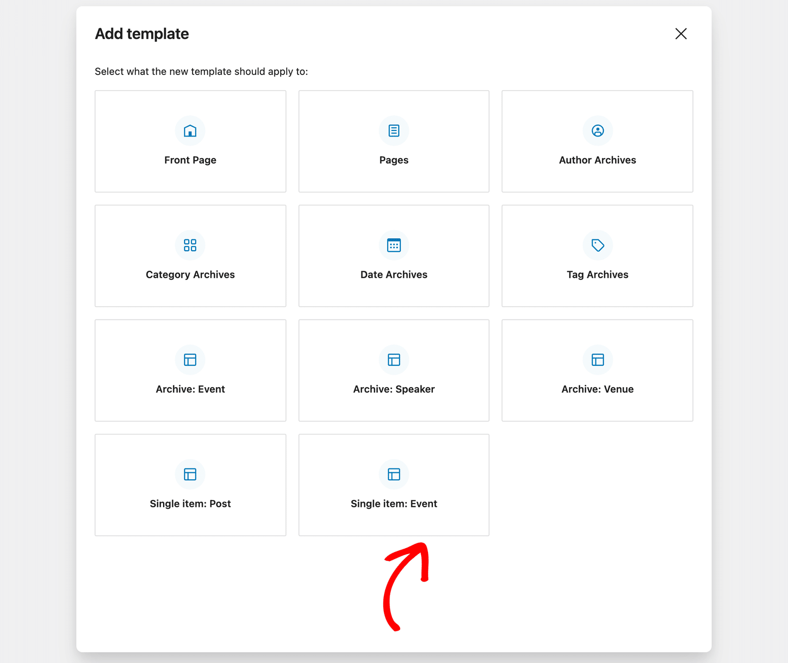 The Single item: Event option in the Add template window