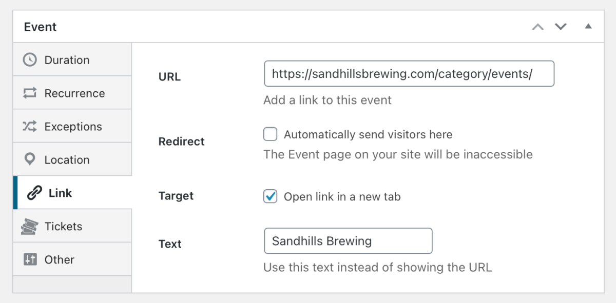 Event URL settings